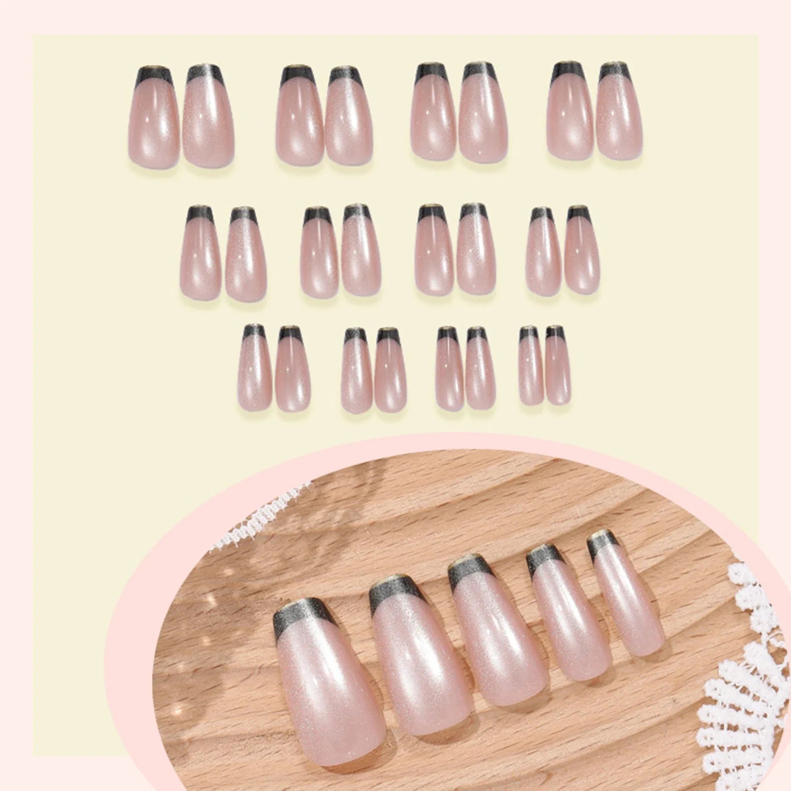 Gold/Black French Fake Nails 24Pcs Glossy Cat's Eyes Press On Nails Gentle Women Charm Manicure Full Cover False Nails Art