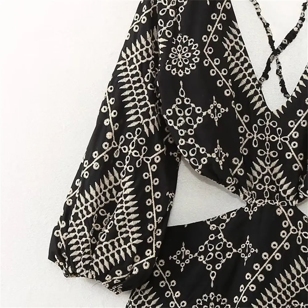 Summer New Women's V-neck Fluffy Sleeve Open Design Sexy Backless Long Dress Embroidered Midi Dress