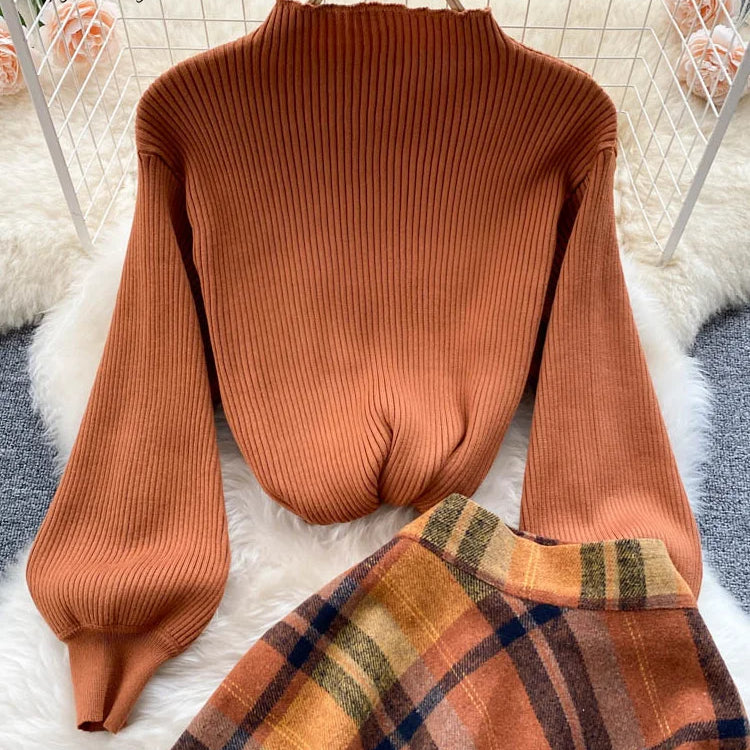 SINGREINY Women Retro Sweater Suits Fashion Lantern Sleeve Sheath Knitted Top+Elastic Loose Long Skirt Two Pieces Sets