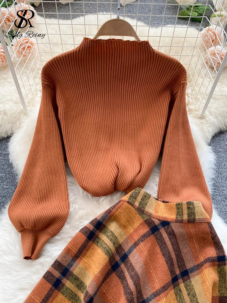 SINGREINY Women Retro Sweater Suits Fashion Lantern Sleeve Sheath Knitted Top+Elastic Loose Long Skirt Two Pieces Sets