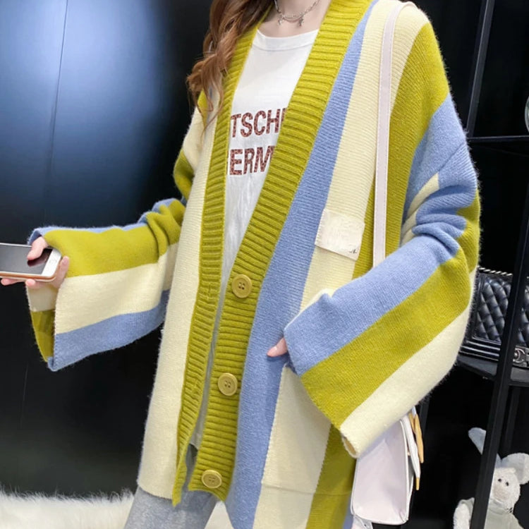 Cardigan Women 2024 Autumn Winter Loose Sweater Coat Stripe Color Matching Knitted Cardigan Long Sleeve Tops Women's Clothing Ginger