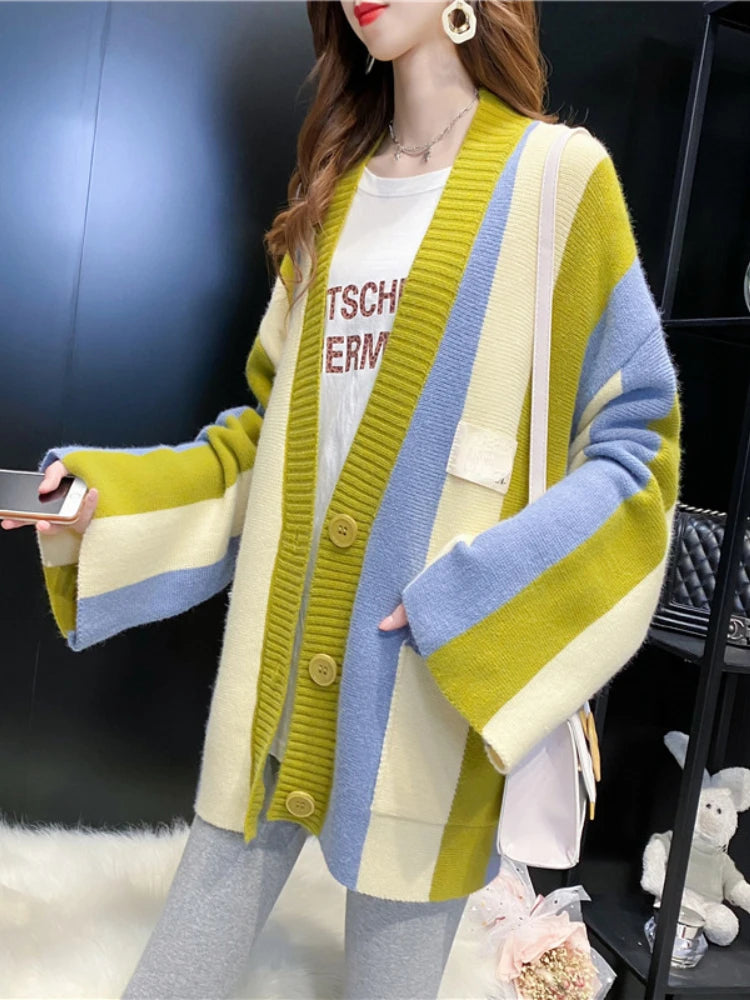 Cardigan Women 2024 Autumn Winter Loose Sweater Coat Stripe Color Matching Knitted Cardigan Long Sleeve Tops Women's Clothing Ginger
