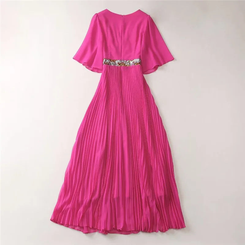 TWOTWINSTYLE Solid Sheer Spliced Sequin Dresses for Women Square Neck Half Sleeves Patchwork Folds Elegant Dress Female Clothing