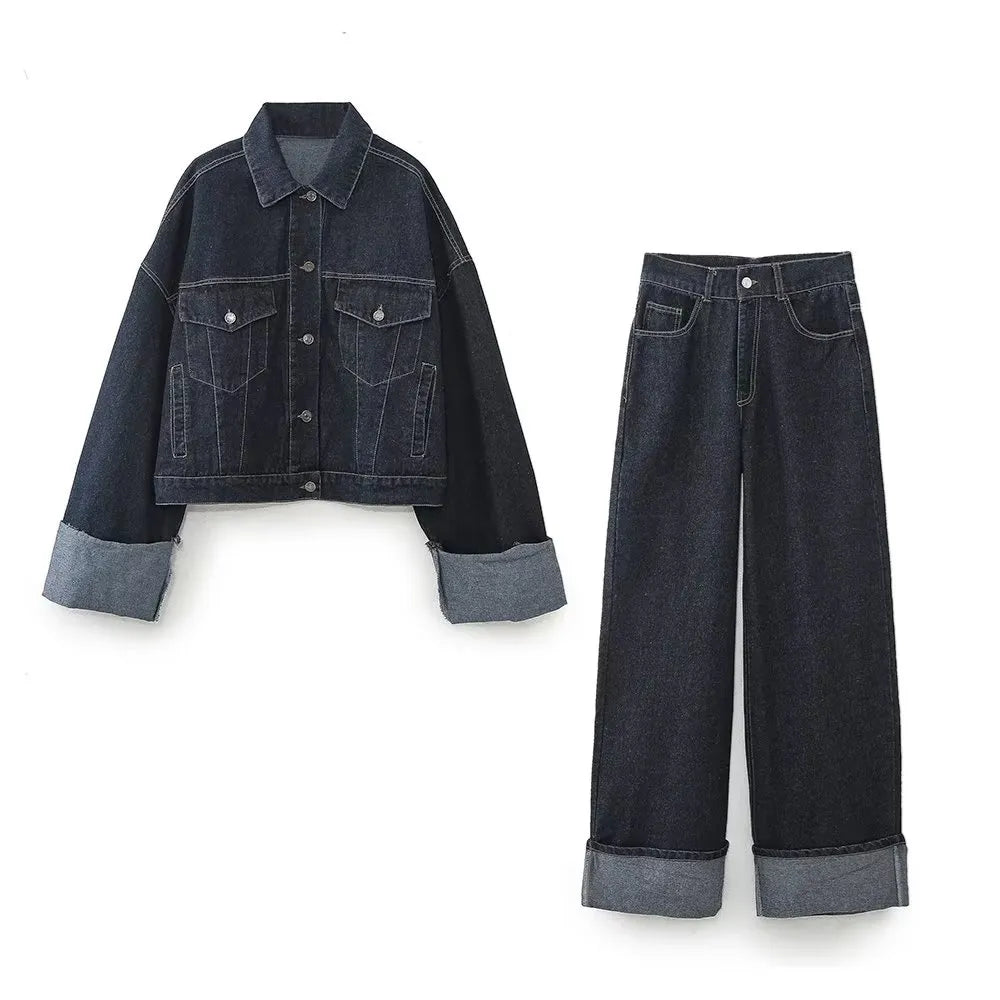 Women's Fashion Casual Denim Jacket Coat Curled Hem Pants Set DEEP BLUE