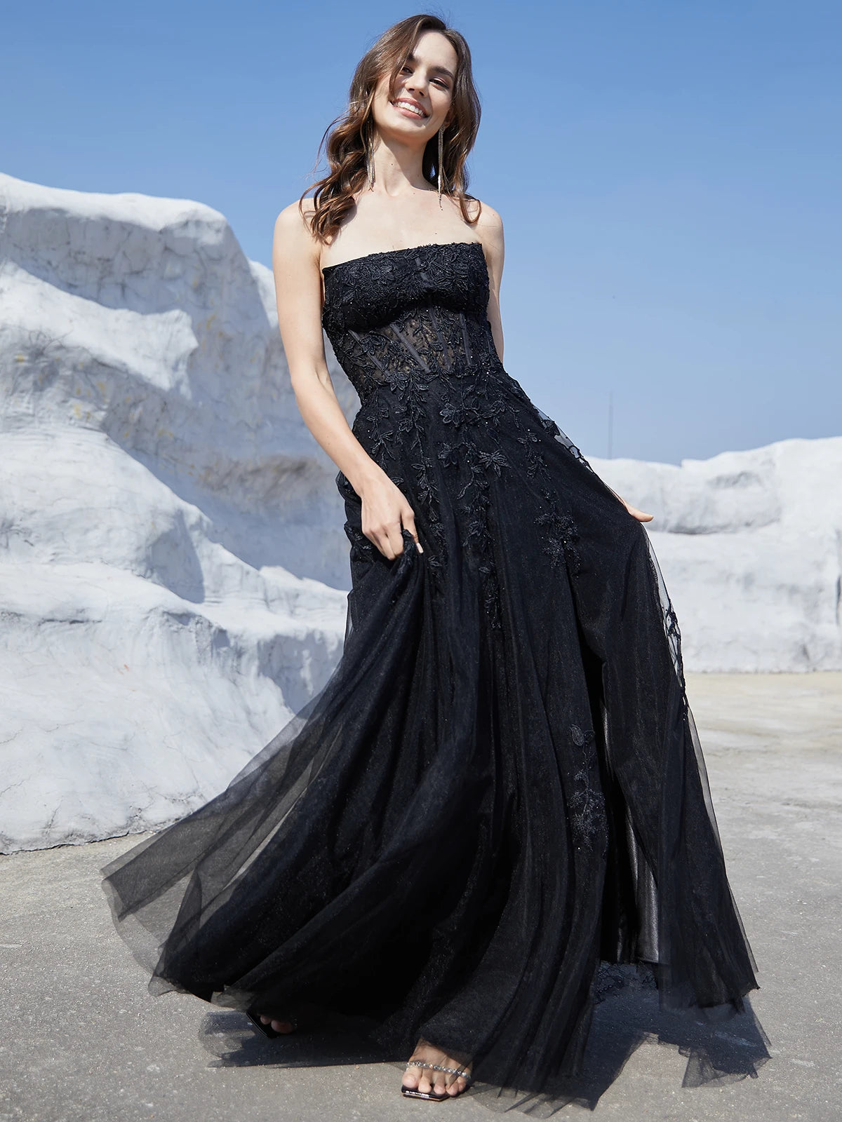 Elegant Lace Formal Evening Dresses Long with Crystal Strapless Sexy High Slit A-Line Homecoming Prom Party Gowns for Teens 2024 Black Floor Length | CHINA