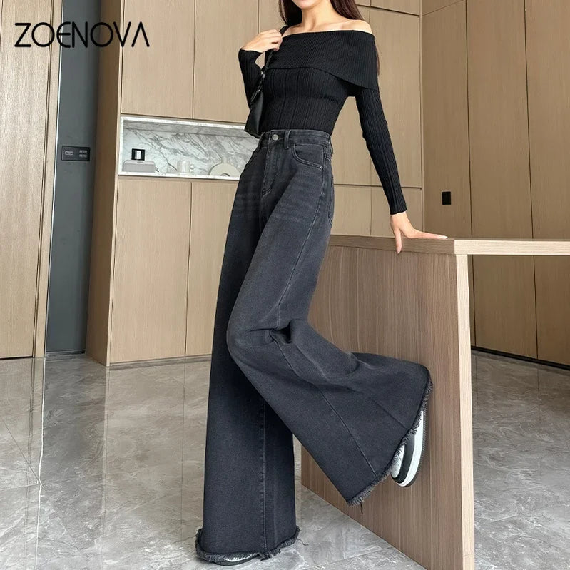 Spring Autumn New Fashion Women's Jeans Street Casual Wide Leg Pants Loose Straight Raw Edge Trousers Y2K Flared Pant