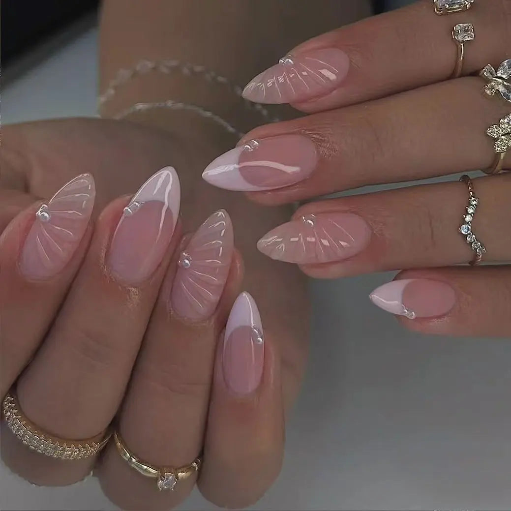 24Pcs Mid-length Almond False Nails Pink Smudge Cat's Eye Press on Fake Nails Rhinestone Heart Detachable Full Cover Nails Tips