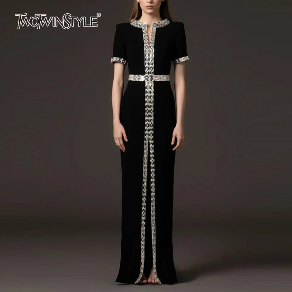 TWOTWINSTYLE Solid Spliced Bead Elegant Dresses for Women V Neck Short Sleeves High Waist Patchwork Split Long Dress Female New