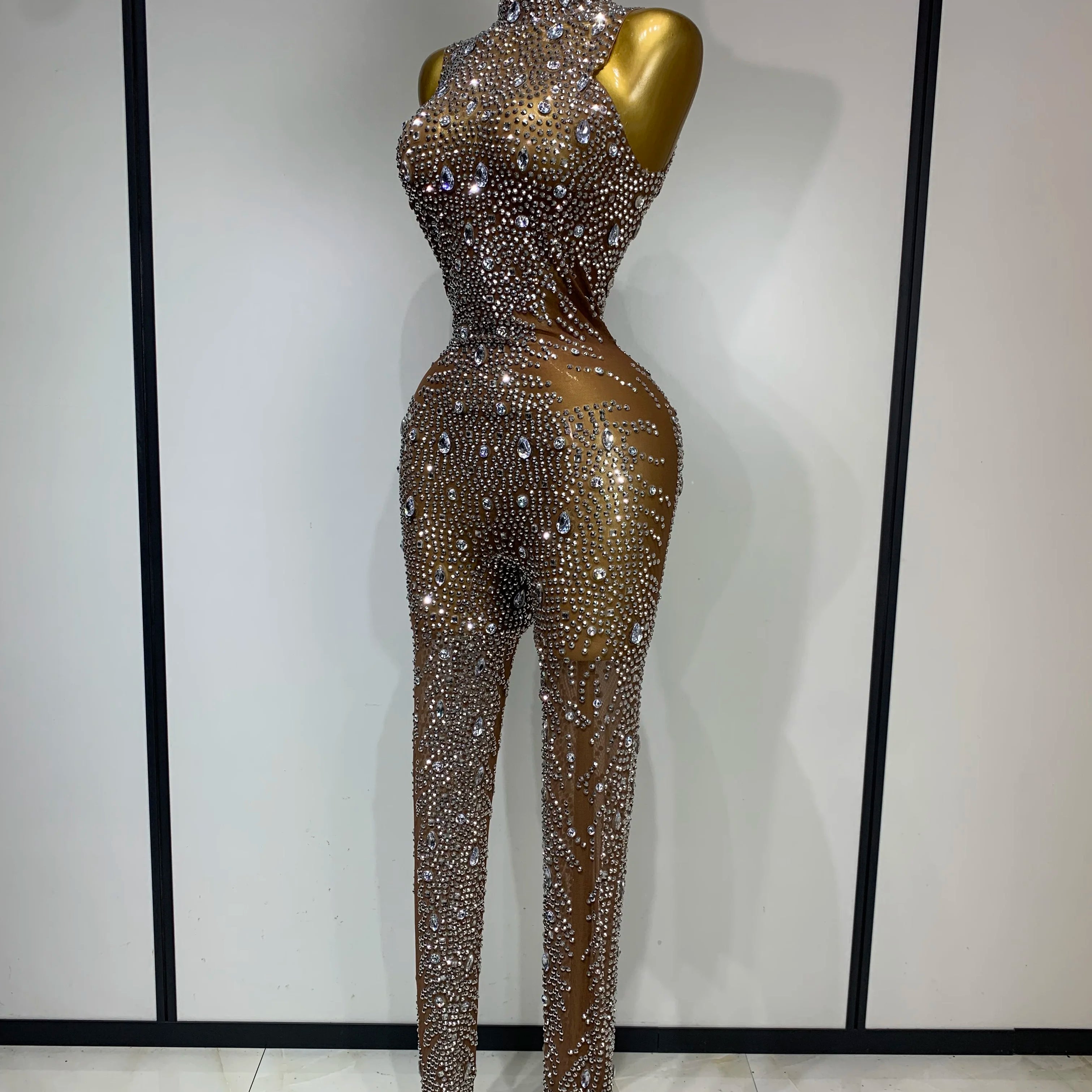 Luxury Rhinestones Jumpsuit Women Sexy Mesh See Through Performance Dance Costume Celebrate Club Birthday Party Stage Outfit