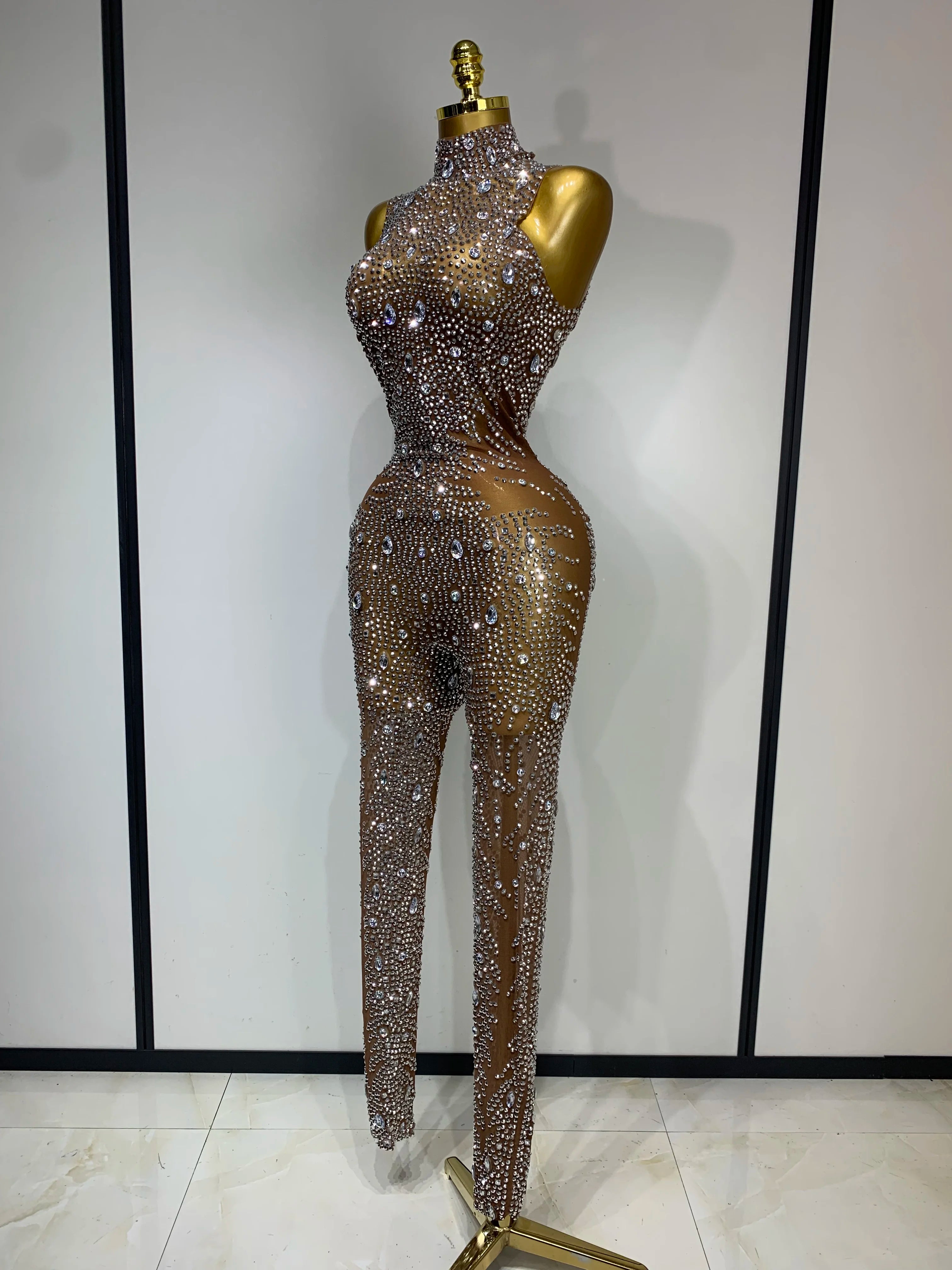 Luxury Rhinestones Jumpsuit Women Sexy Mesh See Through Performance Dance Costume Celebrate Club Birthday Party Stage Outfit