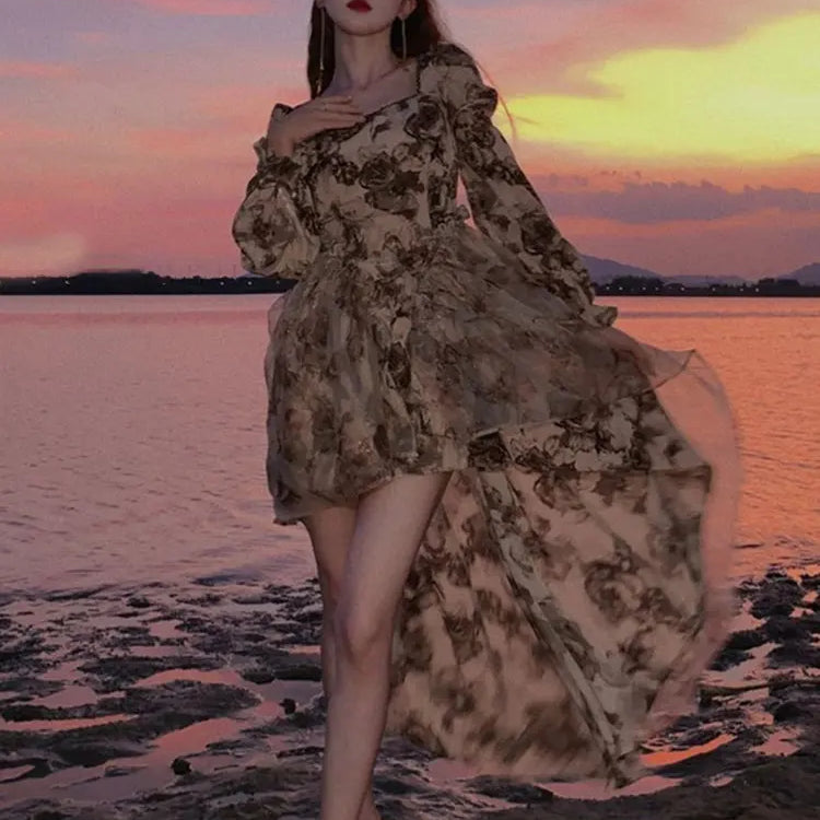 Autumn Floral Fairy Dresses for Women Luxury Designer Slim Korean Princess Dresses Female Chic Elegant Casual Party Dresses