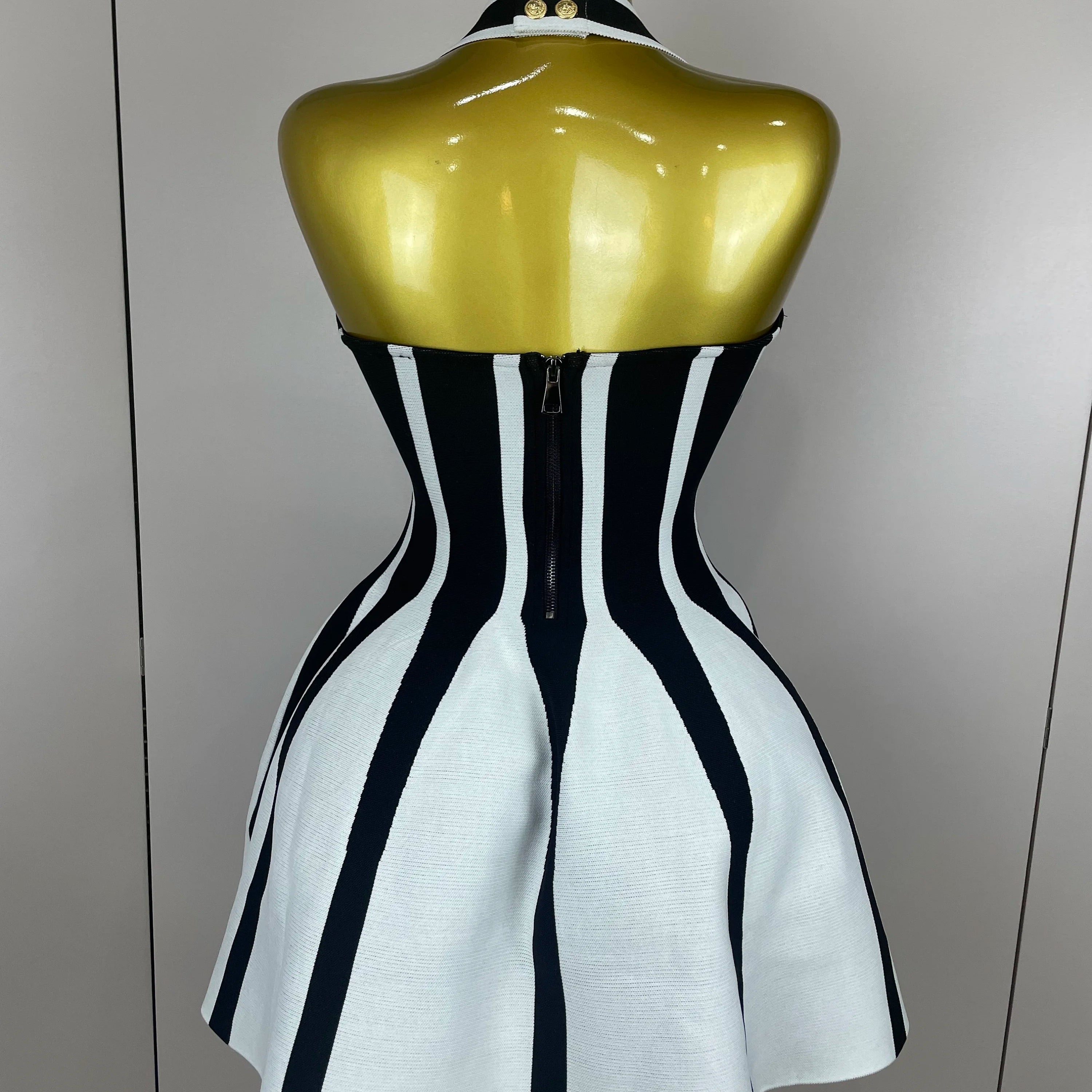 Sexy Backless Black White Stripes Halter Bandage A Line Short Dress 2025Women Celebrity Elegant Evening Party Holiday Club Dress