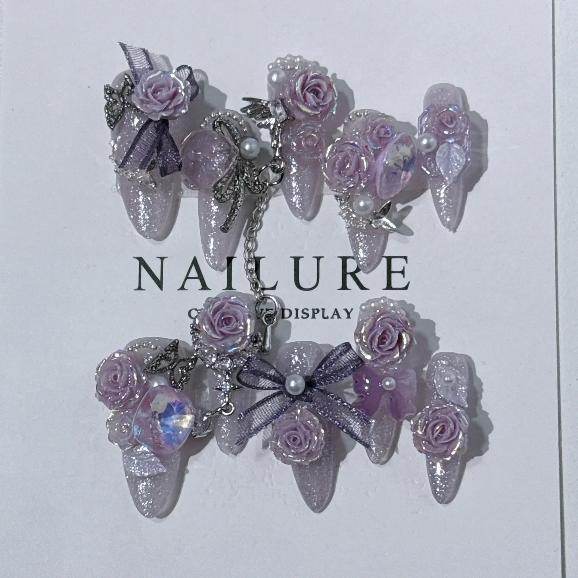 10Pcs Purple Flower Handmade Almond Press on Nails French Rhinestone Full Cover Fake Nail Ballet Manicure Wearable Nail Tips