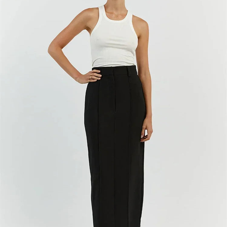 Patchwork High Waist Slim Long Skirt Female Solid High Street Elegant Fashion Seamless Vintage White Women's Maxi Skirt black