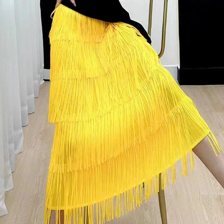 Pleated Tassel Long Skirts For Women High Waist Solid Color Stitching Elegant Party Clothing 2024 Summer Autumn