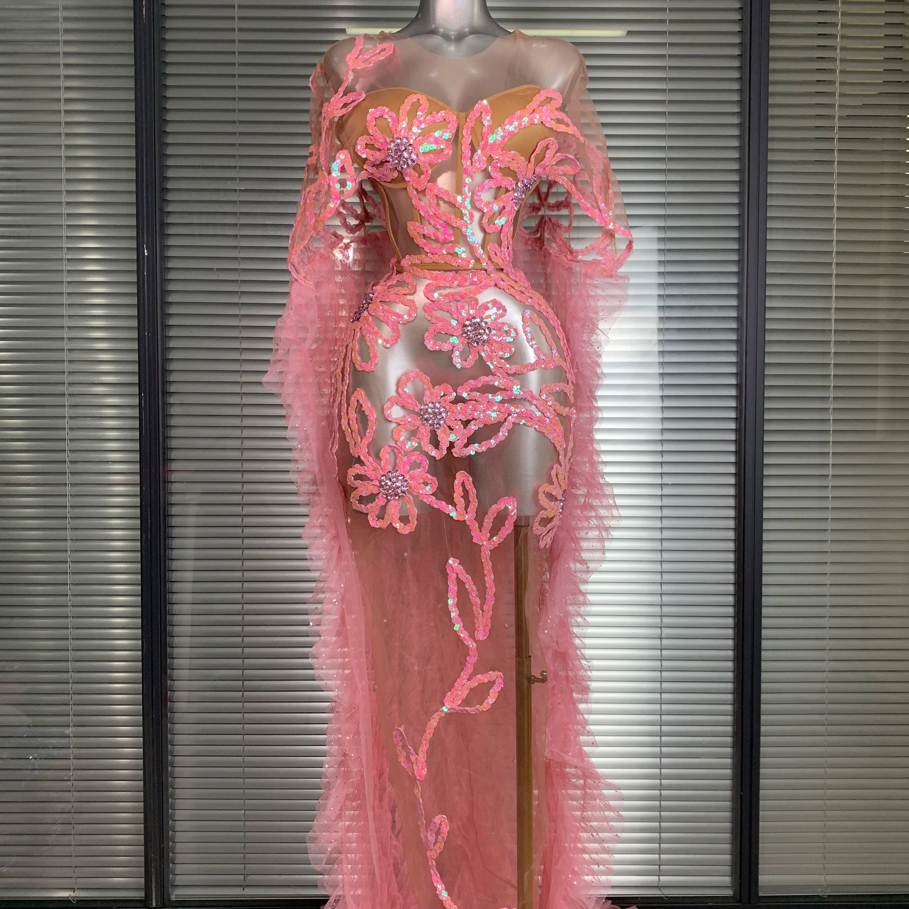New Women Sexy Mesh Sheer Sequins Pink Maxi Dress See Through Sparkly Shining Party Costume Stage Performance Dress
