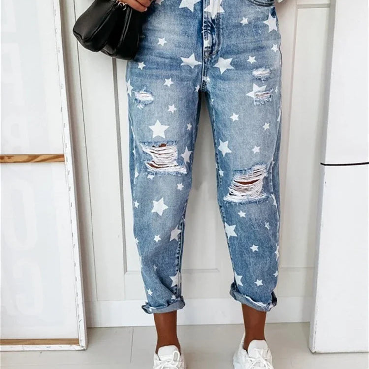 Autumn Boyfriend Jeans Woman Slim Hole Jeans For Ladies With Five-Pointed Star Ripped Jeans Street Casual Blue Denim Pants