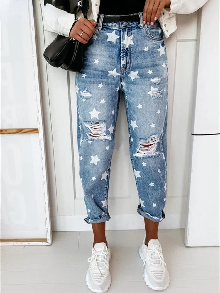 Autumn Boyfriend Jeans Woman Slim Hole Jeans For Ladies With Five-Pointed Star Ripped Jeans Street Casual Blue Denim Pants