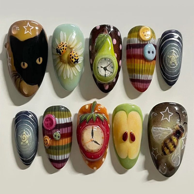 24Pcs Dark Red Leopard Print Pattern Fake Nails Patch Sweet Cool 3D Cherry Press on Nail Lip Print French Almond Nails for Women