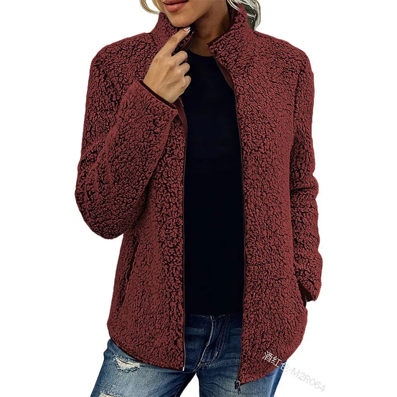 Women Solid Fleece Jackets Casual Fashion Stand Collar Coat Female Long Sleeve Zipper Outerwear Lady Clothes Autumn Winter Burgundy
