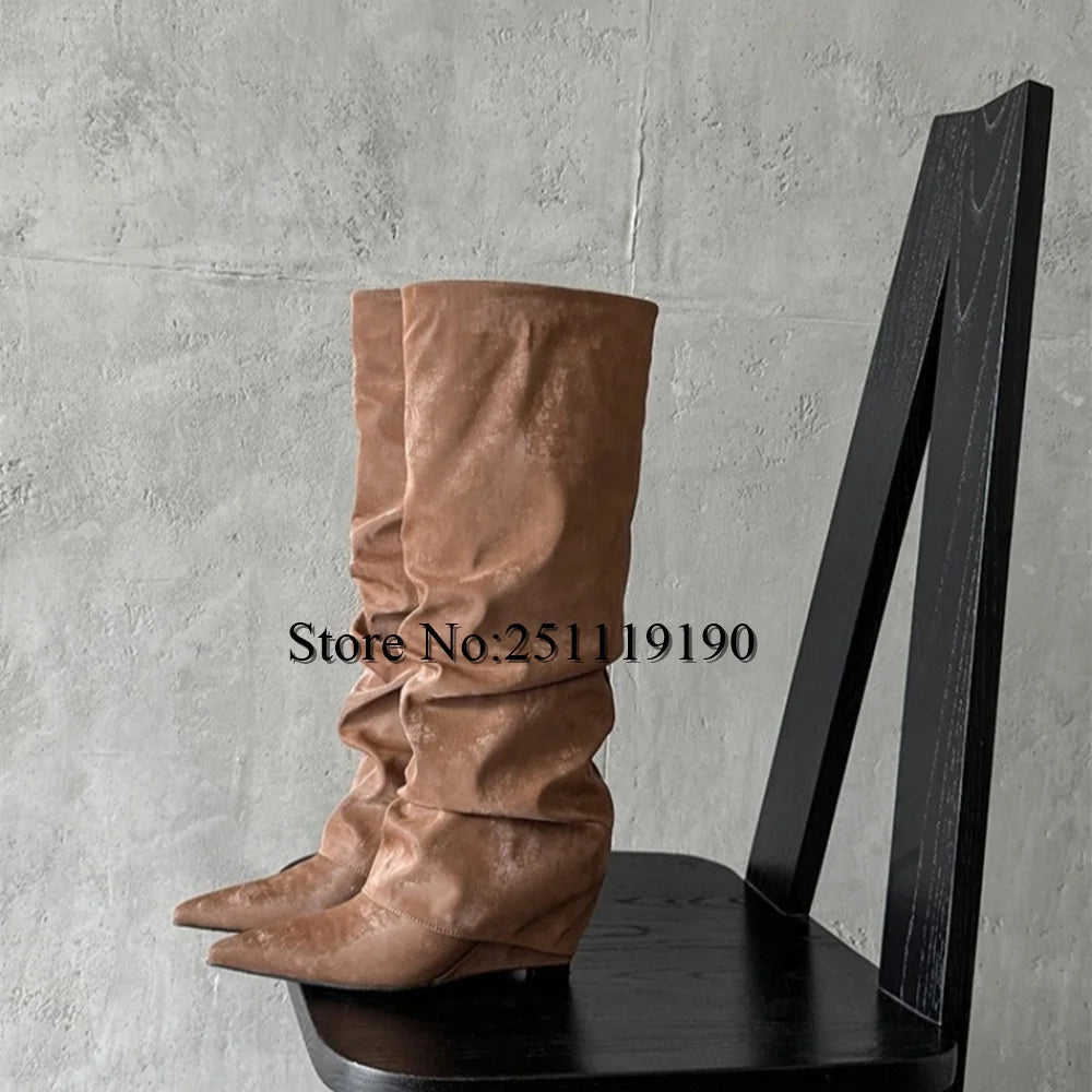 Brown Pleated Knee-high Boots Pointed Toe Wedges 2025 Black Fashion Shoes Autumn Winter Slip On Pull On Luxury Designer Booties