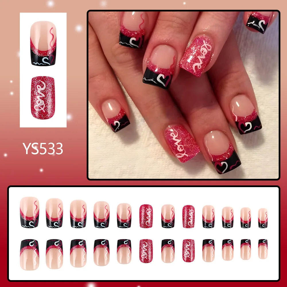 24pcs y2k Black French Press on Nails Short Square Pink Heart Fake Nails Full Cover Wearable Sweet Valentine's Day False Nails