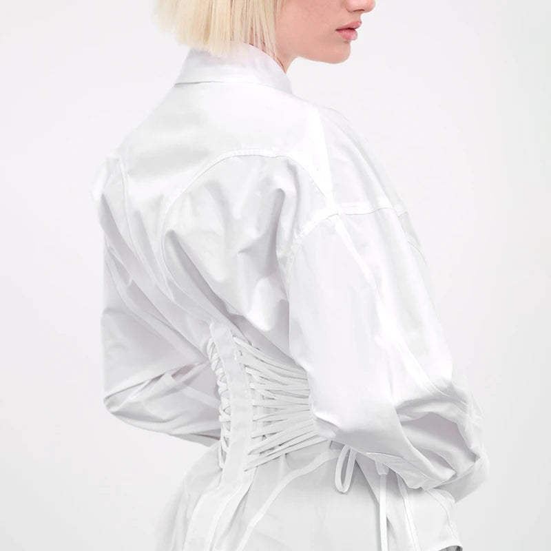 TWOTWINSTYLE Solid Spliced Lace Up T Shirts for Women Lapel Long Sleeve Patchwork Single Breasted Fashion Top Female Clothing