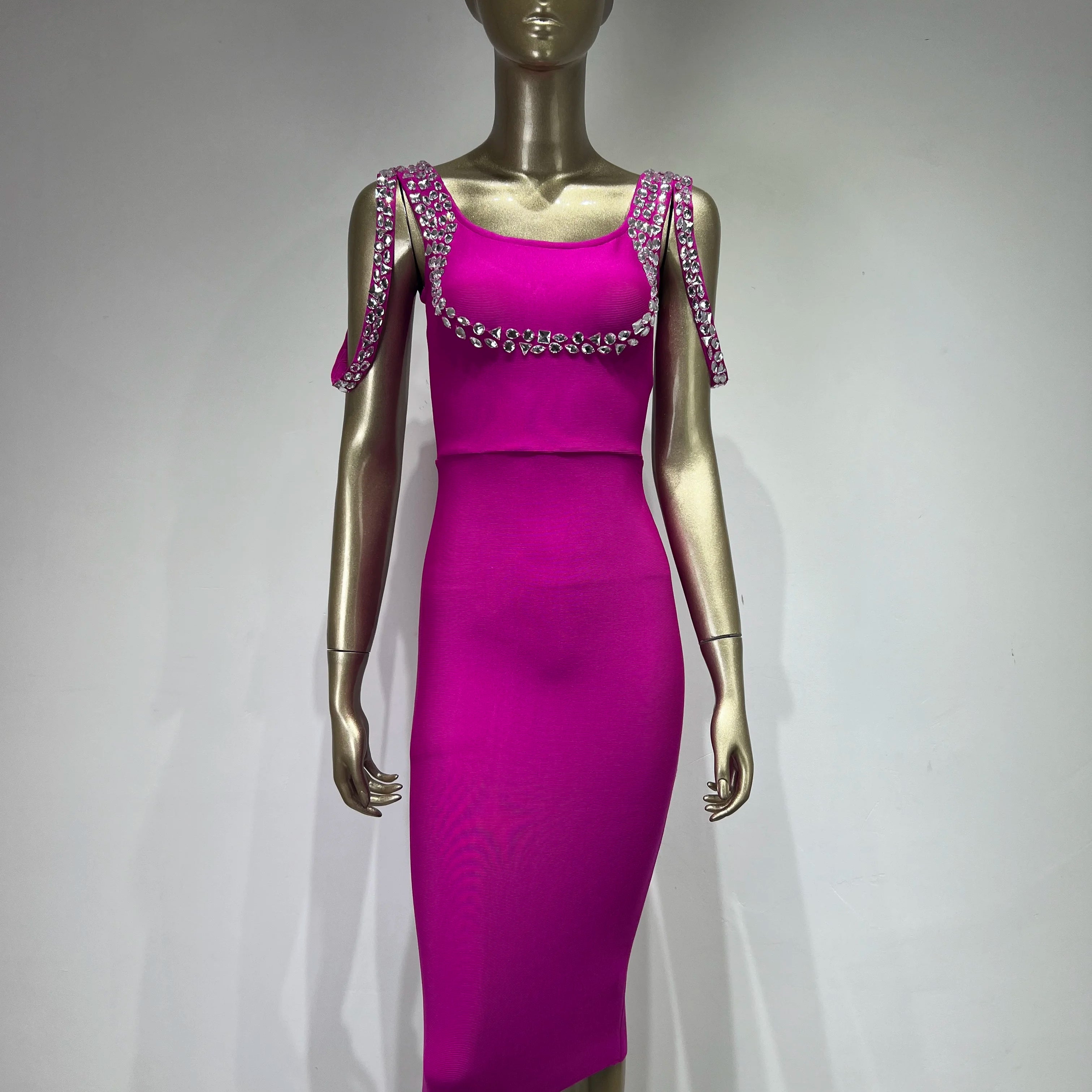 Luxury Women Celebrity Sexy Backless Beading Rhinestone Midi Bodycon Bandage Dress 2024 Elegant Evening Club Party Dress