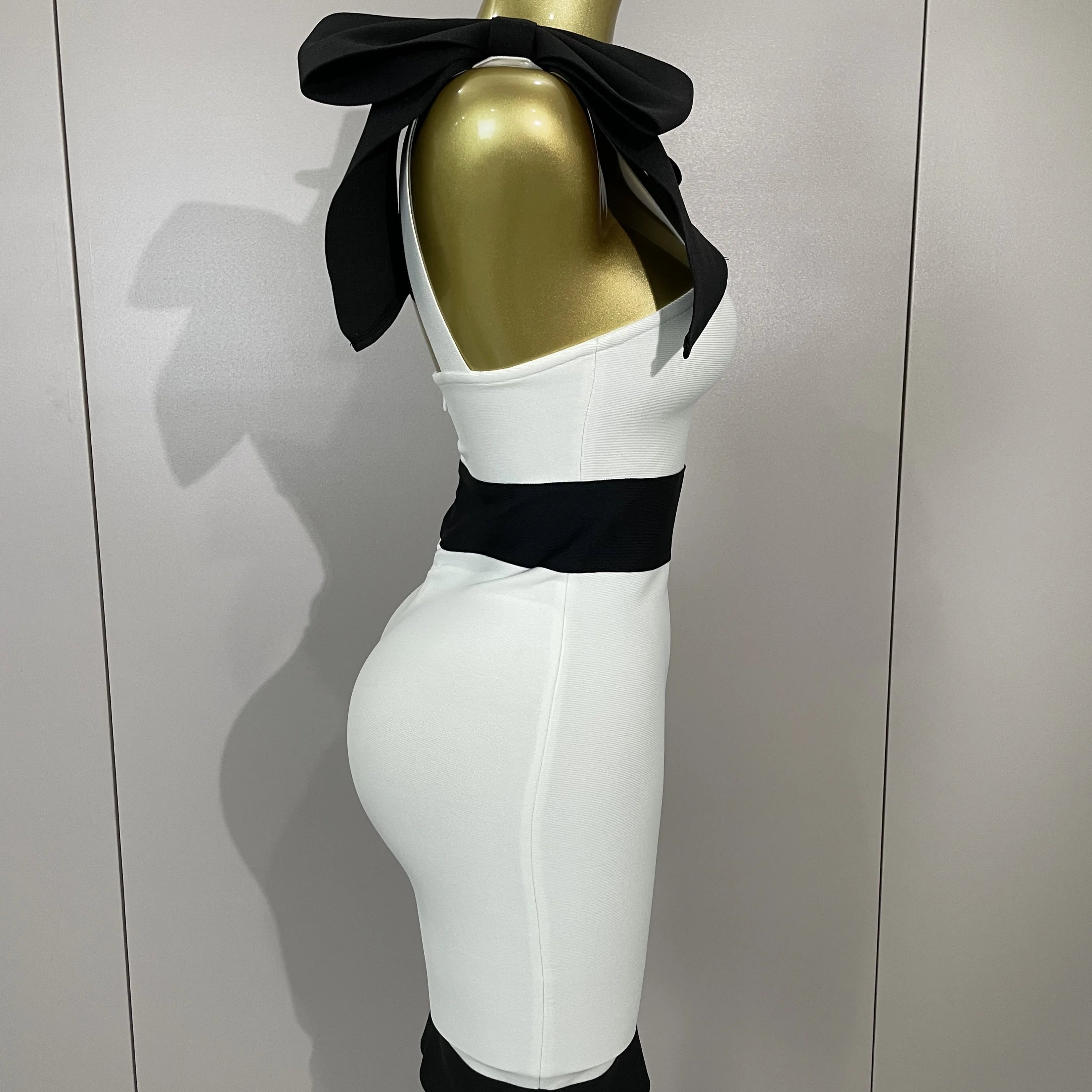 Sexy Bow Tie Black White Patchwork Bodycon Bandage Dress 2025 Women Celebrity Elegant Evening Club Party Birthday Dresses