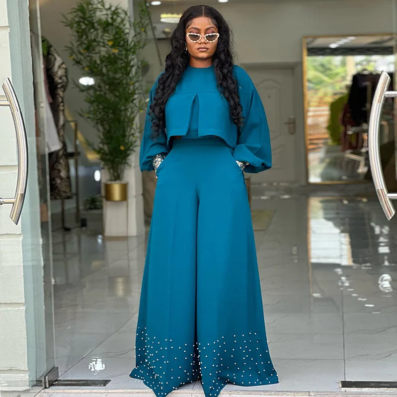 CM.YAYA Women's Set Long Sleeve High Low Maxi Blouse and Pearl Beading Wide Leg Pants 2025 Two 2 Piece Sets Outfits Tracksuit Malachite Blue