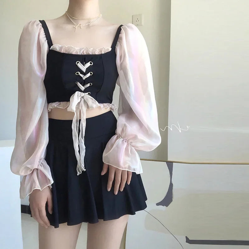 New Korean 2 Pieces Swimsuit Women Short Skirt Net Bikini Band Hollowed Out Bikini Bow High Waisted Bikini Swimwear black