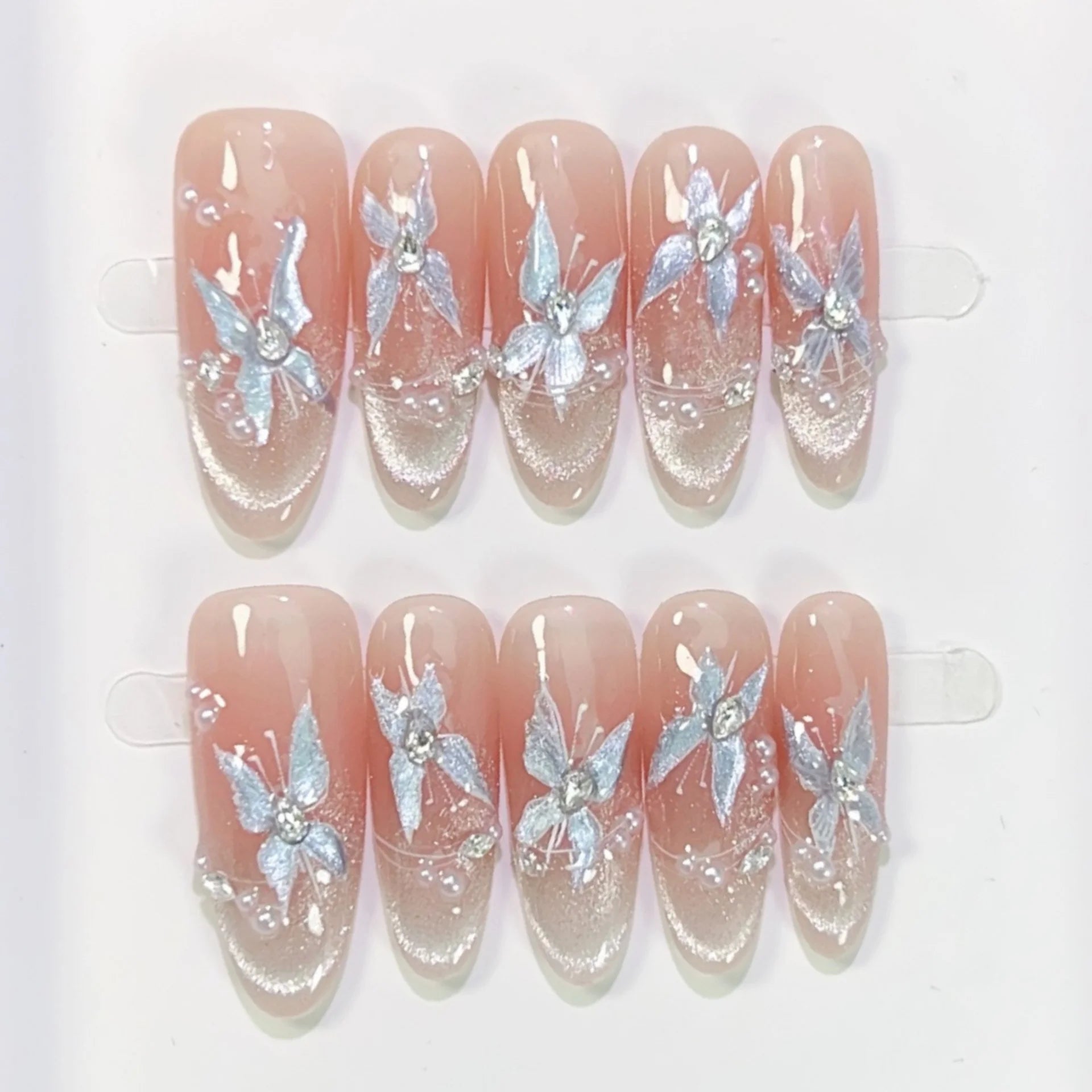 10pcs Cat's Eye French Handmade Fake Nail Art Simple Flower Diamond Design Long Almond False Nails Tips Reusable Press on Nails
