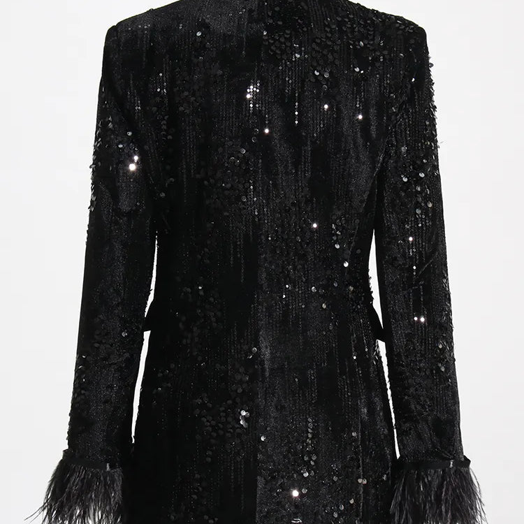 TWOTWINSTYLE Sequins Black Blazer For Women Notched Collar Long Sleeve Patchwork Feathers Cuff Solid Blazers Female Clothing New
