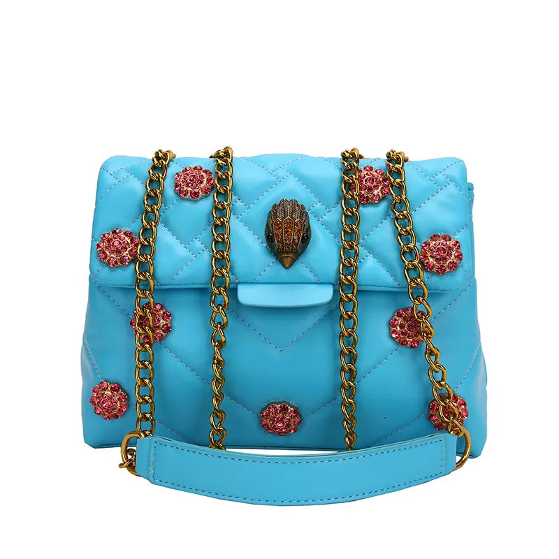 Summer Eagle Head Chain Crossbody Bags for Women UK Brand Designer Fashion Trend Handbag PU Shoulder Bag Diamond Flower Bag Blue 23X17X7CM