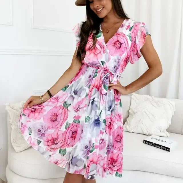 Women's Clothing European and American Floating Sleeves Wrapped Waist Fragmented Flower Pleated Dress