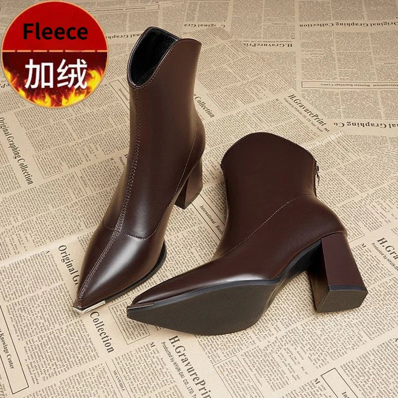 Winter High Heels Sexy Women Luxury Shoes Chunky Ankle Chelsea Boots Fashion New Pointed Toe Zipper Goth Pumps Brand Shoes Dark brown Fleece