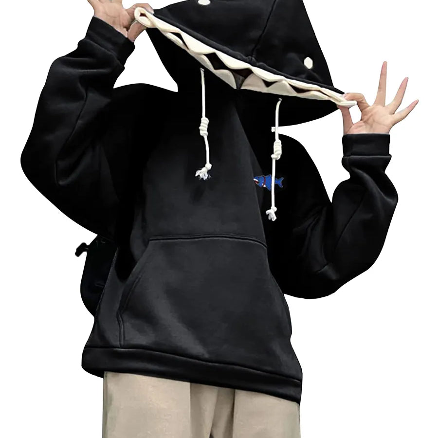 Women Cute Shark Hoodie Long Sleeve Blue Kawaii Animal Shark Shape Hooded Pullover Oversized Aesthetic Sweatshirts for Teen black