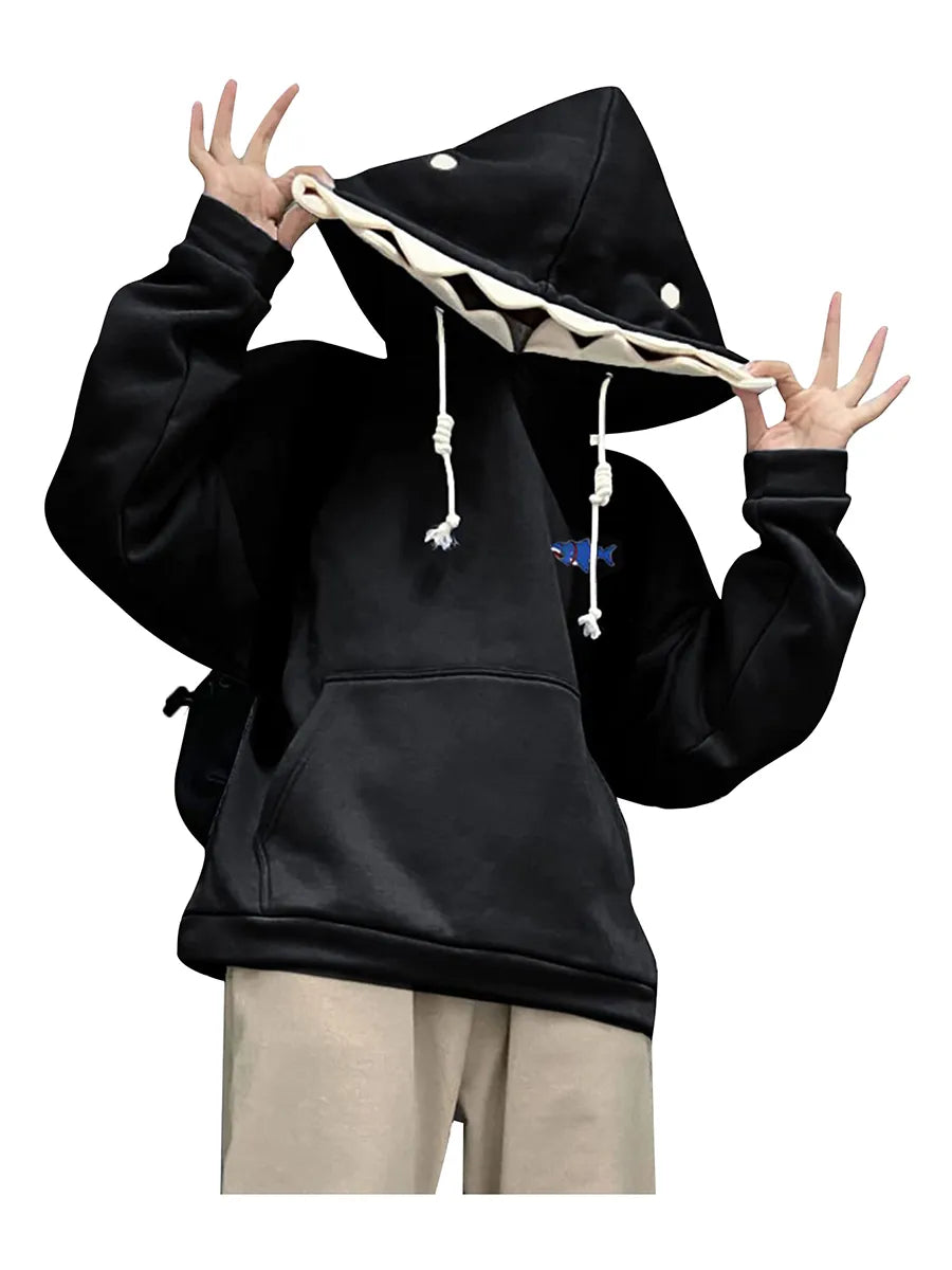 Women Cute Shark Hoodie Long Sleeve Blue Kawaii Animal Shark Shape Hooded Pullover Oversized Aesthetic Sweatshirts for Teen black