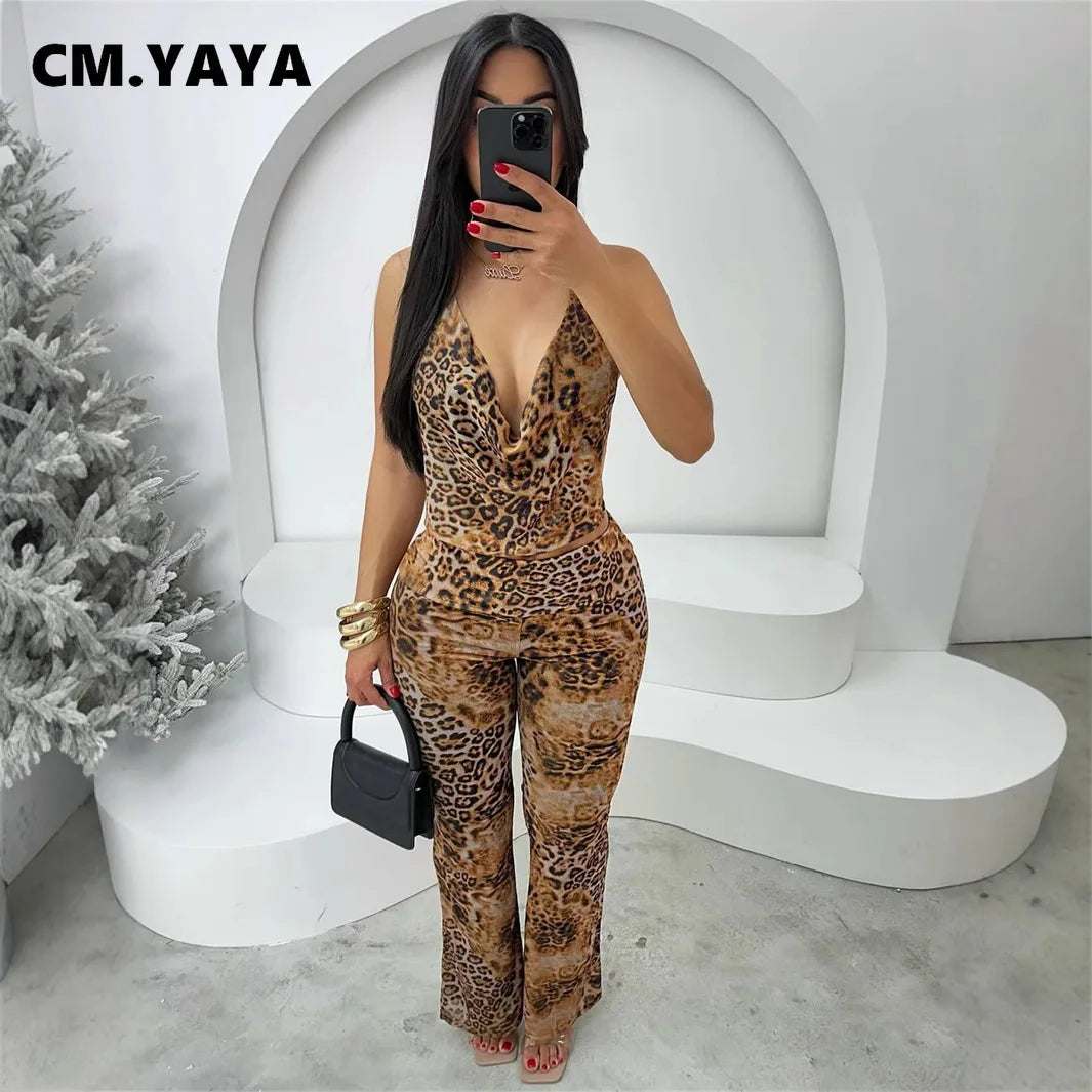 CM.YAYA Women's Set Sleeveless Halter V-neck Leopard Print Top + Pants Suit 2025 Sexy Slim Night Party Two 2 Piece Sets Outfits