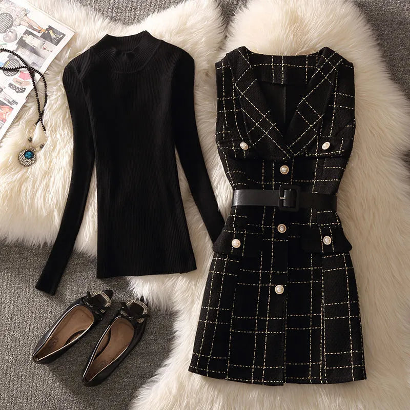 Autumn Winter 2 Piece Sets Tweed Vest Sweater Suits with Sashes Buttons Slim Streetwear Fashion Women Small Fragrance Suit
