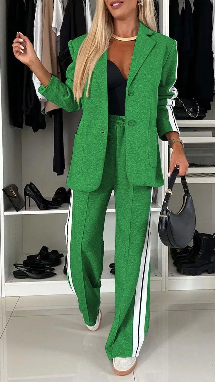 CM.YAYA Elegant Women Pants Suit and Long Sleeve Blazer Matching Set OL Streetwear Two 2 Piece Set 2024 Winter Ribbon Outfits Green