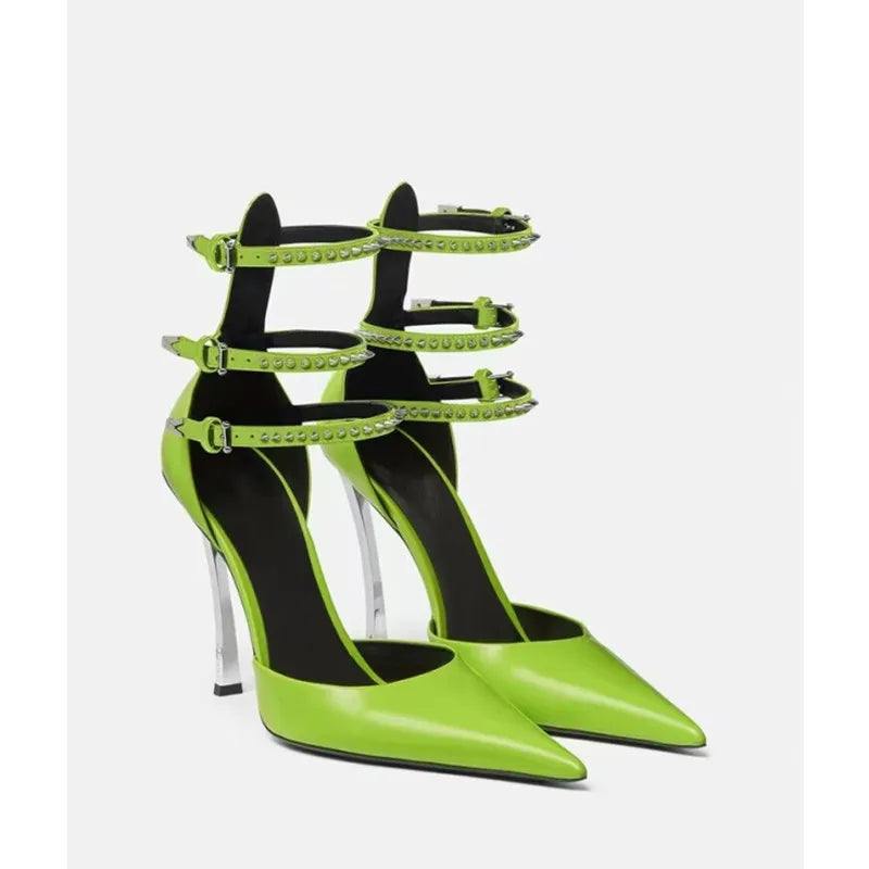 Summer High-end New Metal Stiletto Sandals Fashion Pointy Catwalk Fashion Single Shoes Sexy Nightclub Party Wedding High Heels