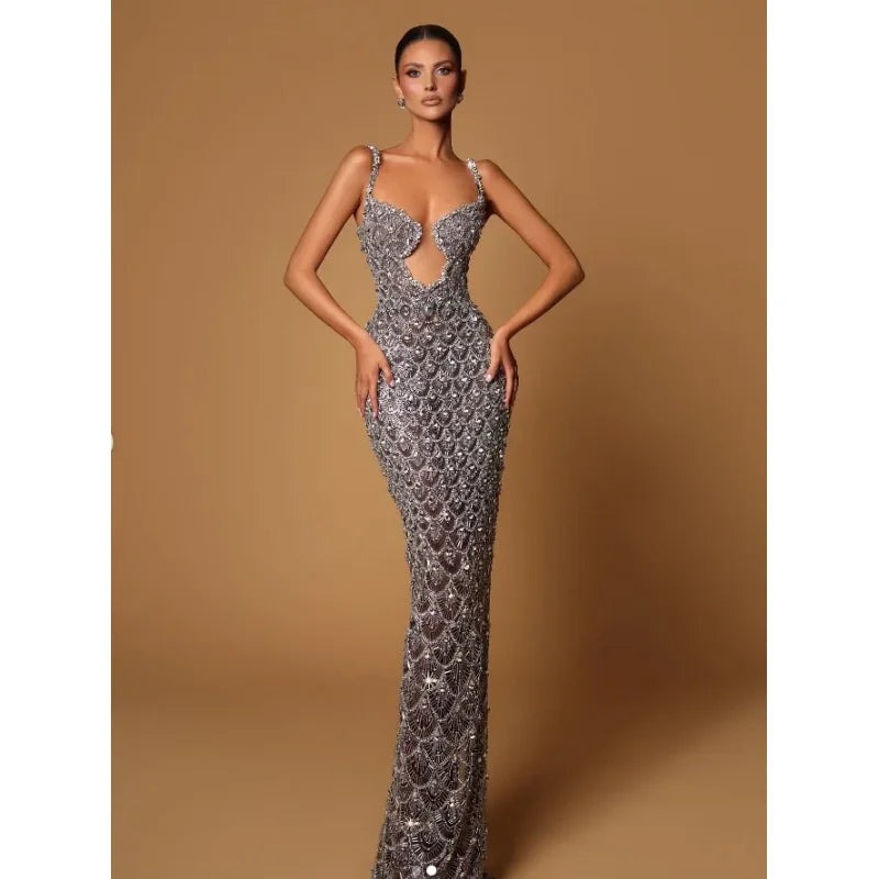 Sparkling  Sliver Sequins Sexy V-Neck Spaghetti Strapless Floor Length Dress Graceful Evening Dress Celebrity Party Outfit
