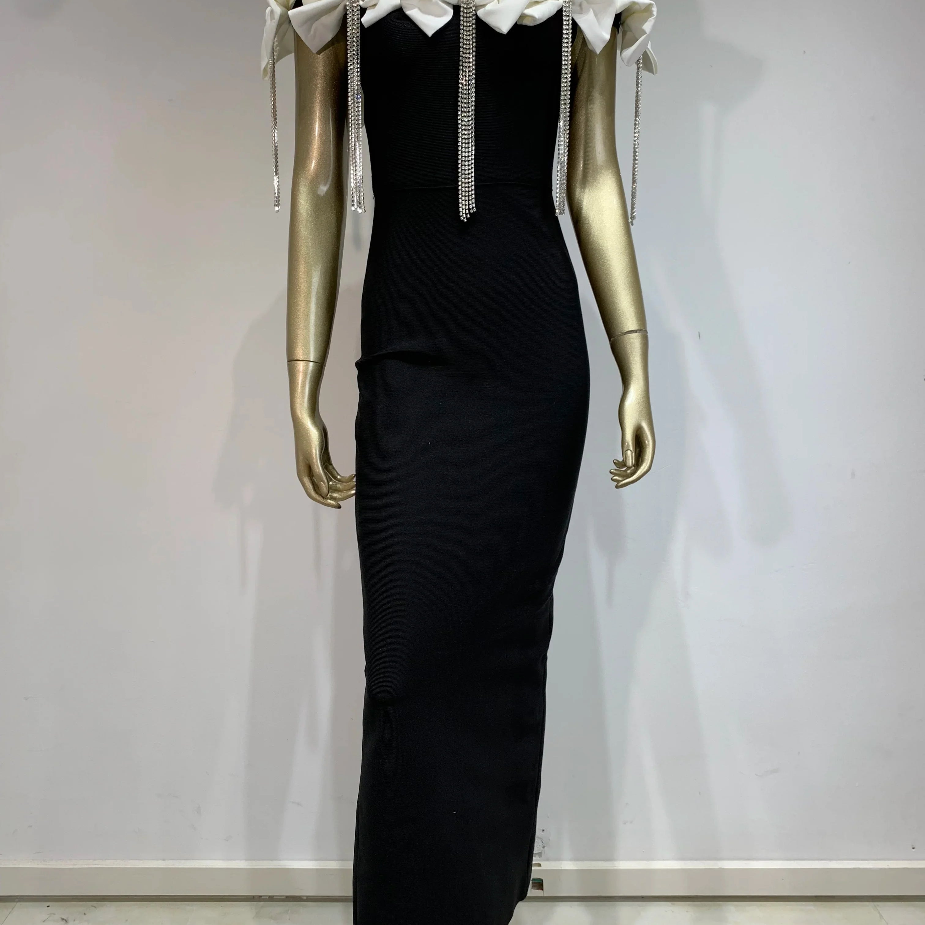 Women Celebrity Sexy Off Shoulder Flower Diamonds Black Bow Tie Maxi Long XL Bandage Dress Elegant Evening Club Party Dress