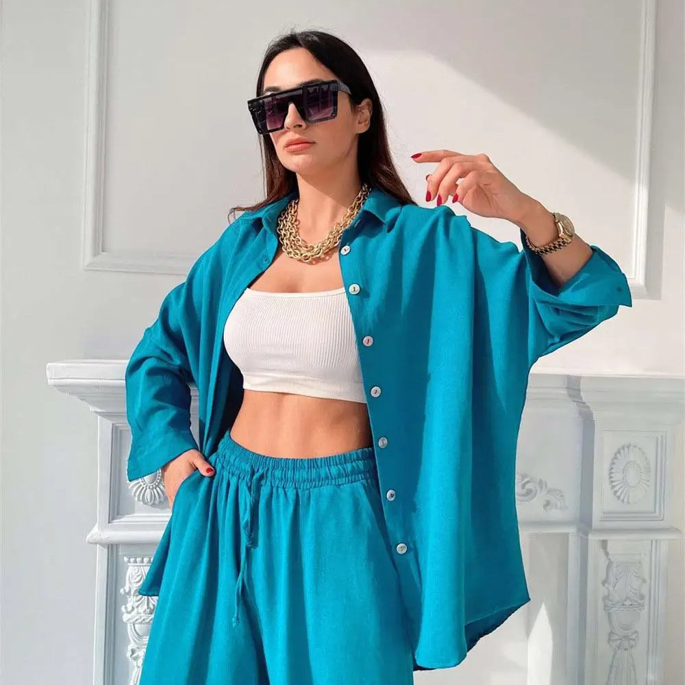 Women's Summer Suit with Pants Summer Loose Wide Leg Trousers Elegant Two Piece Suit Set for Women Buttons T-shirts Outifit Blue