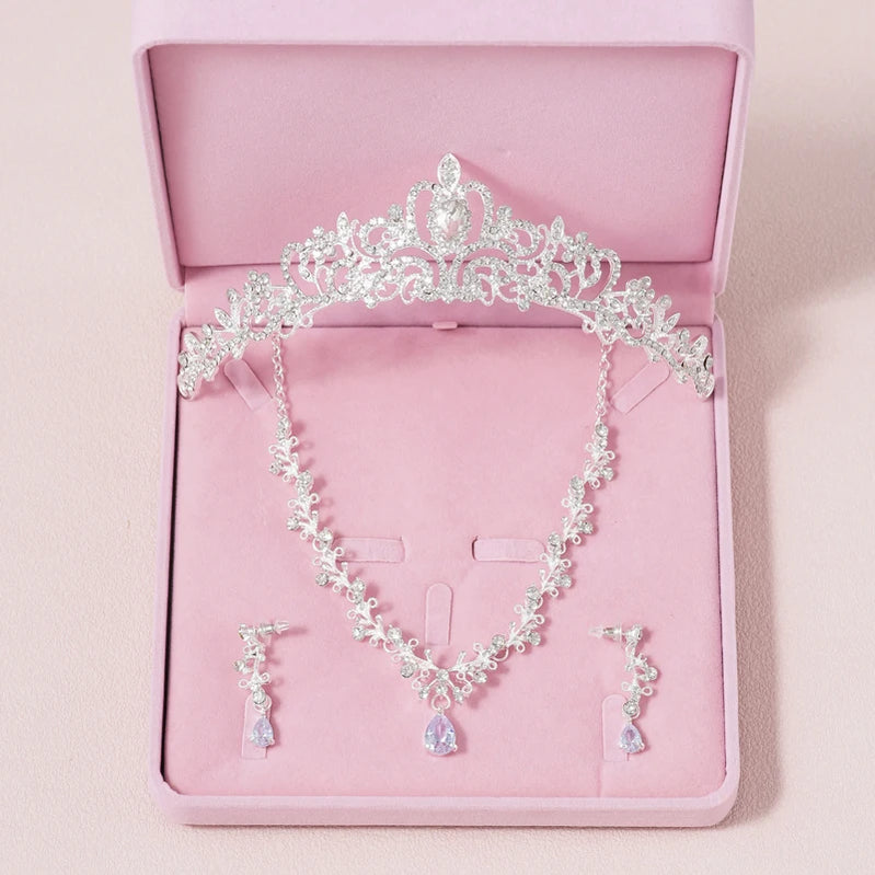 Bridal Jewelry Sets Crown Necklace Earrings Four Pack Silver Colour Women's Fashion Wedding Tiaras TS-0174-A-XL-0004-A Tiaras