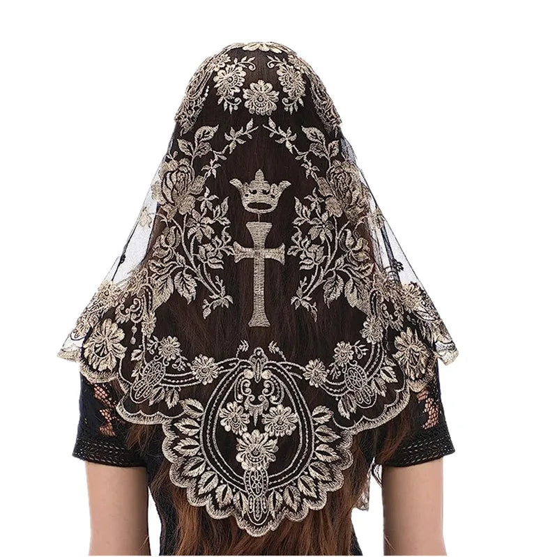 Women Head Covering Bridal Wedding Veil Lace Mantilla Cross Embroidery Church Catholic Veil