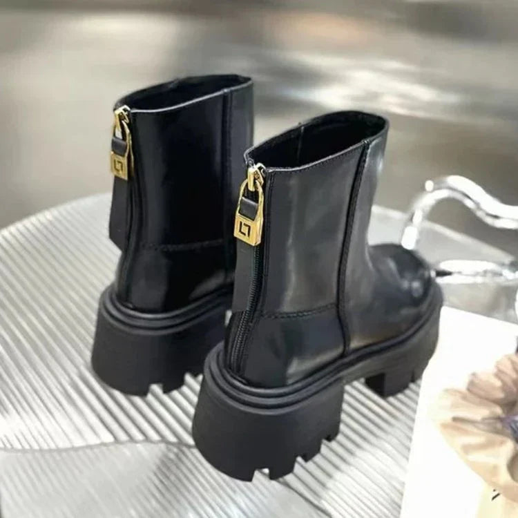 Brand Design Ankle Boots For Women Slip On Black Leather Platform Boots Women Chunky Heel Women Chelsea Boots Winter Shoes