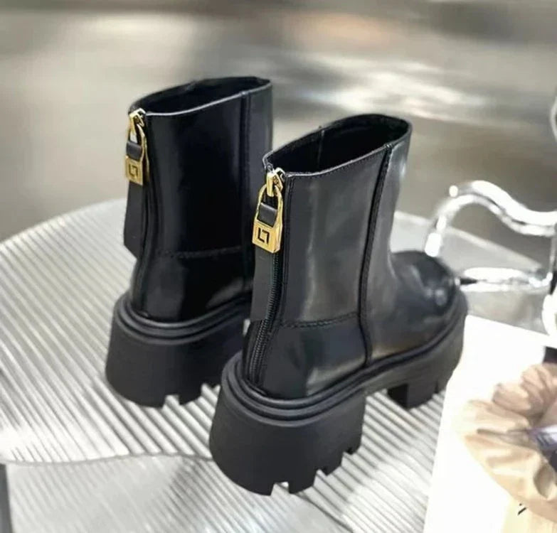 Brand Design Ankle Boots For Women Slip On Black Leather Platform Boots Women Chunky Heel Women Chelsea Boots Winter Shoes