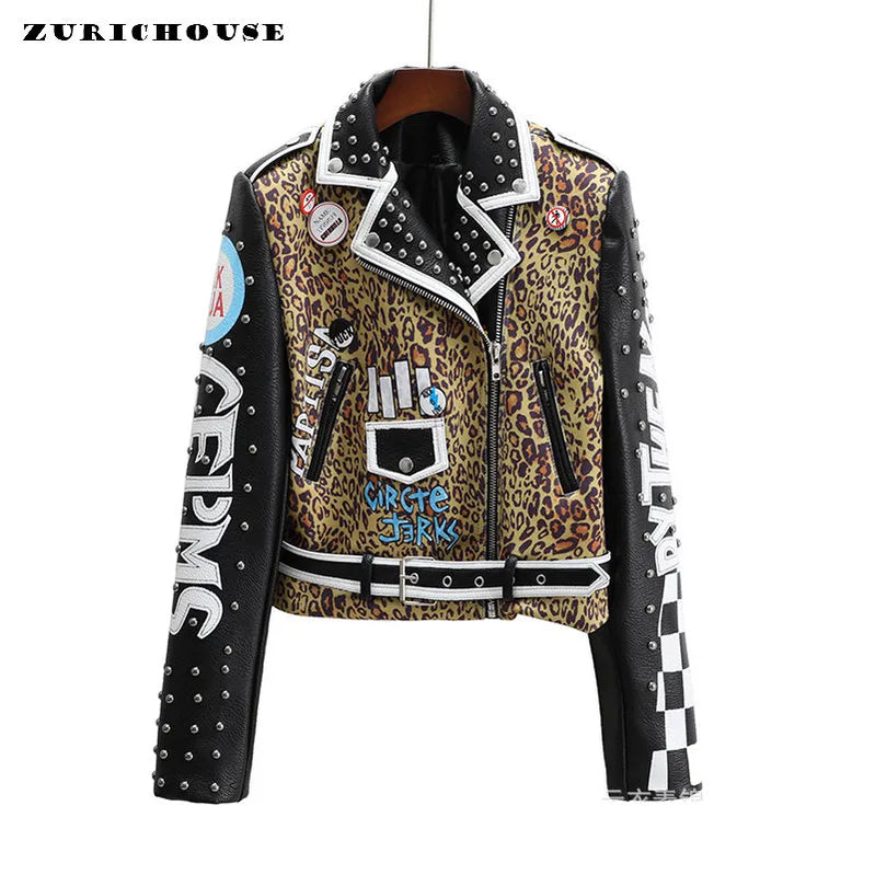 Punk Rivets Cropped Leather Jacket for Women Trend Streetwear Patchwork Leopard Print Faux Leather Motorcycle Jacket